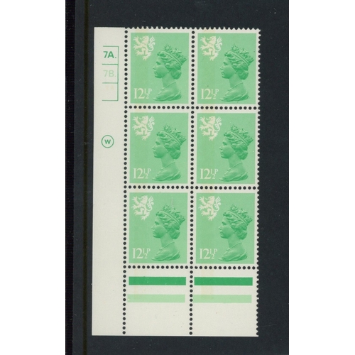 621 - Scotland 12ï¿½p varnished paper Cyl 7A7B Dot cylinder block of 6. U/M, fine.