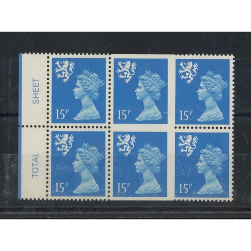 623 - Scotland FCP/PVA 15p centre band left marginal block of 6, centre vertical pair imperf on 3 sides, r... 