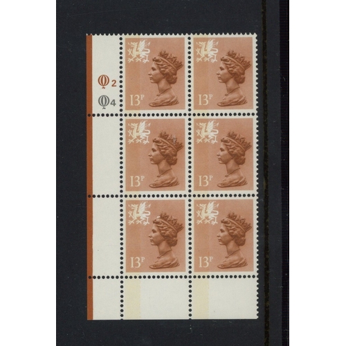 625 - Wales 13p chestnut on grey cylinder Q2Q4 cylinder block of 6. U/M, fine.