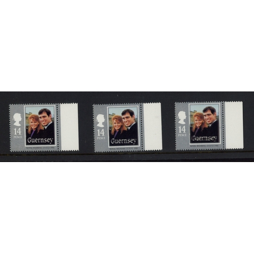 629 - 1986 Royal Wedding 14p: Three examples showing varying degrees of black shift to the left, the most ... 