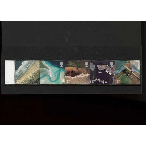 2002 British Coastlines 27p se-tenant strip comprising the top row from the block of 10, all stamps Missing Silver from inscriptions and overlay of Queen's heads. Very rare, just 4 blocks of 10 and this strip of 5 discovered. SG 2265b-2269b Cat £1875 (5)