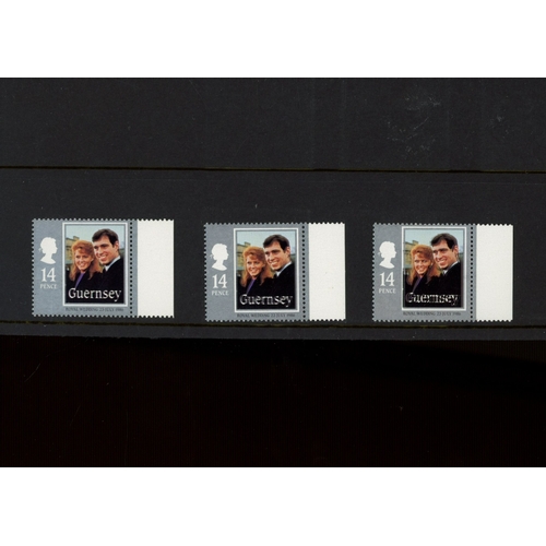 821 - 1986 Royal Wedding 14p: Three examples showing varying degrees of black shift to the left, the most ... 