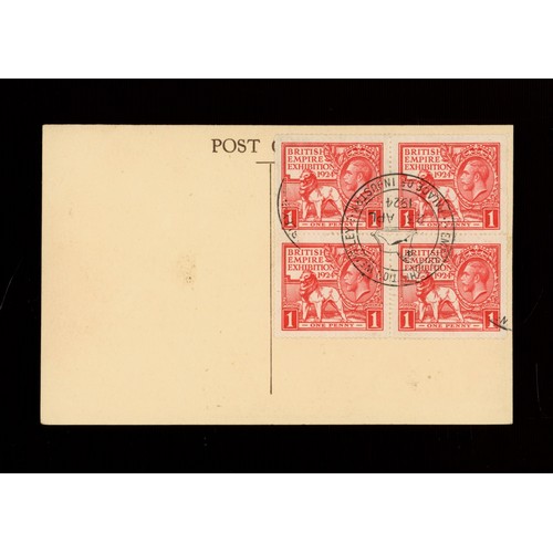 Set in blocks of 4 on pair of British Empire Exhibition picture postcards both with British Empire Exhibition Palace of Industry special H/Ss. Cat &pound;2125. UA