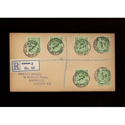 1913 (Jan 16th) &frac12;d watermark Royal Cypher on plain FDC with clear Anerley Road near Crystal Palace reg CDS on all 6 stamps. Cat &pound;1500. AP (Oswald Marsh)