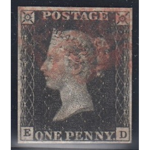 1840 1d black, E-D, plate 9, used with red maltese cross, 4 good margins, fine. (see photo)