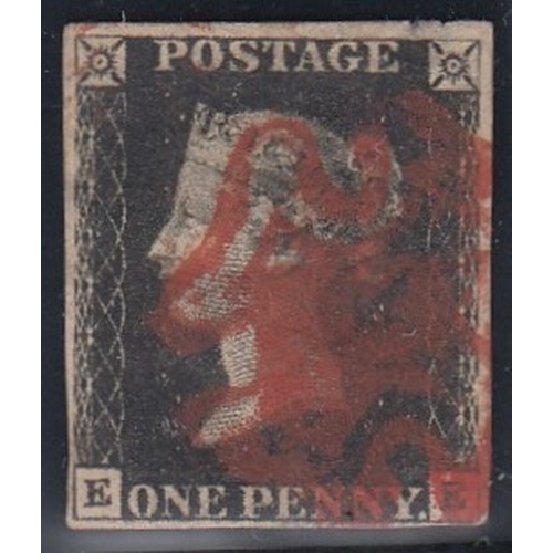 392 - 1840 1d black, E-E, used with red maltese cross, 4 margins, fine. (see photo)