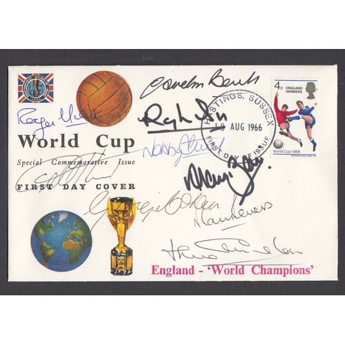 Football: 1966 England Winners FDC signed by 9 members of the Winning Team: Roger Hunt, Geoff Hurst, Gordon Banks, Ray Wilson, Nobby Stiles, Alan Ball, George Cohen, Martin Peters & Jack Charlton. Unaddressed, fine. (see photo)