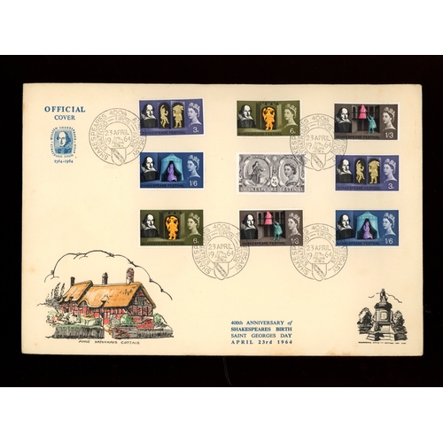 Ordinary &amp; Phosphor sets together on large Anne Hathaways Cottage FDC with Shakespeare's 400th Anniversary Stratford upon Avon special H/S. Cat &pound;80. UA (see photo)