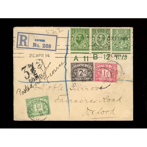 1914 (April 20th) First Postage Dues ½d, 1d & 2d on one FDC. The sender overpaid the letter by ½d and inserted a coin in the envelope (the outline can still be seen in "Noble" of the address). This made it subject to compulsory registration (explained in Post Office notice affixed to reverse). The registration fee was 4d less ½d overpayment left 3½d to be paid which meant 3 different postage due values were applied. All values are scarce individually on FDC and more than one value together very rare. Neatly slit open at top. A unique & remarkable FDC which we sold in our July 2010 auction for £1900 and are delighted to be able to offer again now that the buyer has sold his collection. AW (see photo)