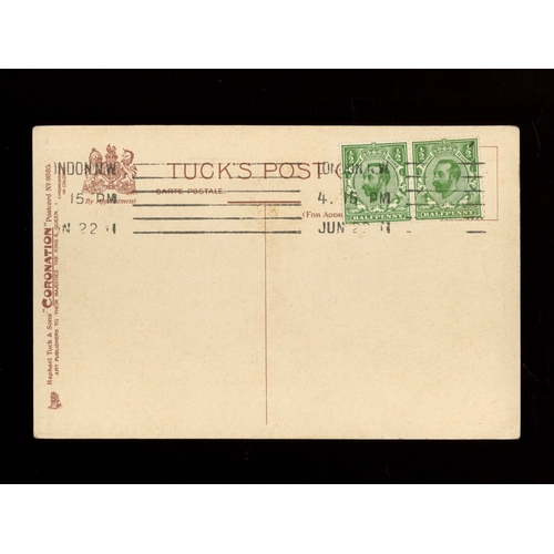 1911 (June 22nd) &frac12;d on Coronation postcard with London NW M/C. Cat &pound;375. UA (see photo)