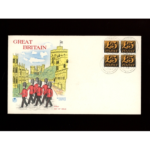 1973 (April 2nd) &pound;5 orange-yellow &amp; black block of 4 on Stuart FDC with Edinburgh CDS. Cat &pound;600 with single stamp. UA (see photo)