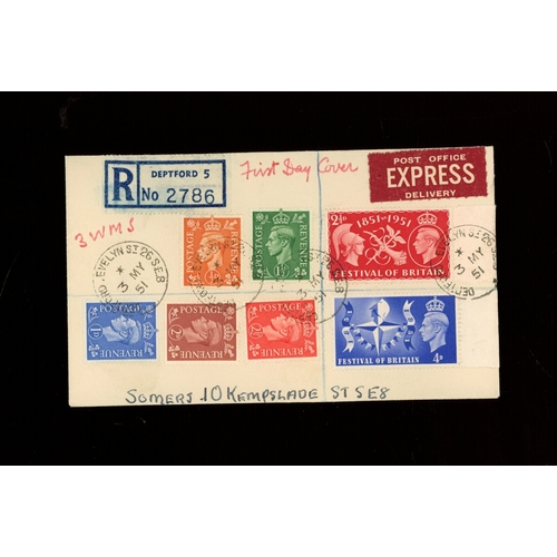 1951 (May 3rd) Festival of Britain pair &amp; low value set including 1d, 2d &amp; 2&frac12;d Watermark Sideways set on plain FDC with Evelyn St Deptford reg CDS. Rare. Neat AW (see photo)