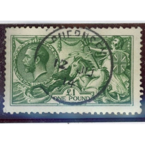 1913 &pound;1 deep green F/U with central Guernsey cds, a few short perfs, otherwise fine, well centred &amp; excellent colour. SG Spec N72(2) Cat &pound;2000 (see photo)