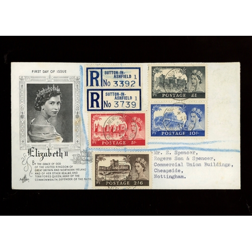 1955 Waterlow Castles complete set on ArtCraft FDC with New Cross Sutton-in-Ashfield reg CDS on the two appropriate dates. Unrecorded in any of the catalogues, the only double handstamped FDC we have ever seen on this issue, probably unique. (Cat £1800 on 2 or 4 covers) AT (see photo)