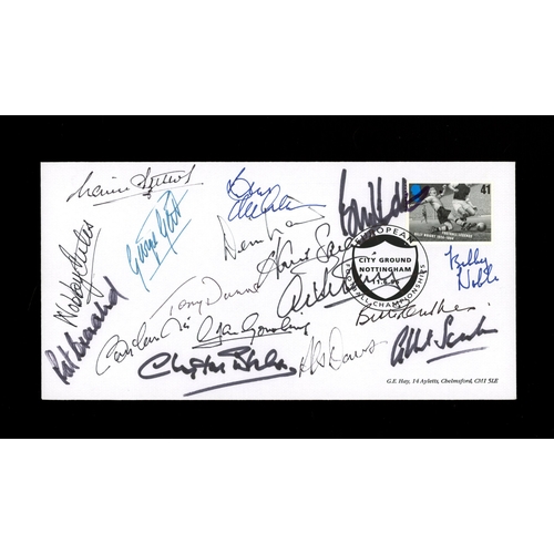 Football: Manchester United team signed on 1996 European Football Championships cover. 15 signatures incl. George Best, Denis Law, Nobby Stiles, Bobby Charlton, Alex Stepney, etc. With Bid4Sport certificate. Printed address, fine.