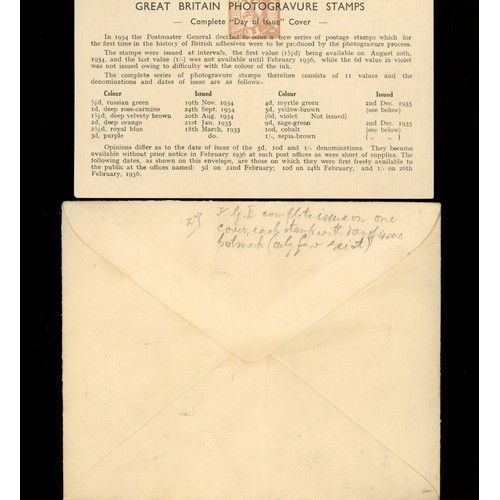 1934-1935 Photogravure complete set on plain FDC with Sutton Coldfield (one Birmingham) CDS on the 9 different dates of issue. Cat &pound;3500. AT (see photo)