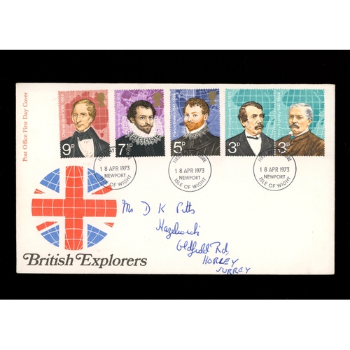 1973 Explorers: Post Office FDC with Newport Isle of Wight FDI H/S, the 3p pair with Missing Gold (Queen's head) on both stamps. Cat &pound;250. AW (see photo)