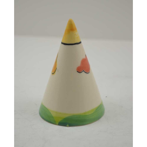 104 - IN THE MANNER OF CLARICE CLIFF, POTTERY CONICAL SHAKER, hand painted trees in landscape decoration, ... 