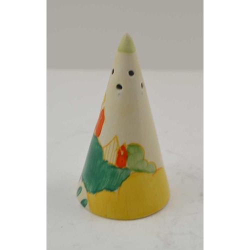 105 - A CLARICE CLIFF DESIGN POTTERY CONICAL SHAKER, hand painted trees landscape decoration, printed 'Mad... 