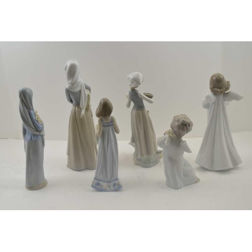 113 - A COLLECTION OF SIX LLADRO CERAMIC FIGURES, to include a Shepherdess, 28cm high, a goose girl, a put... 