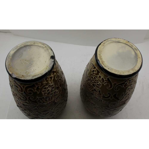 122 - A PAIR OF DOULTON STYLE STONEWARE VASES, 28cm high 