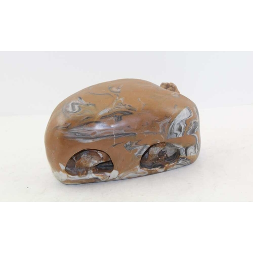 129 - A CHINESE RESIN IN THE MANNER OF A SOAPSTONE CARVED TURTLE with babies inside a rock boulder, 19cm w... 