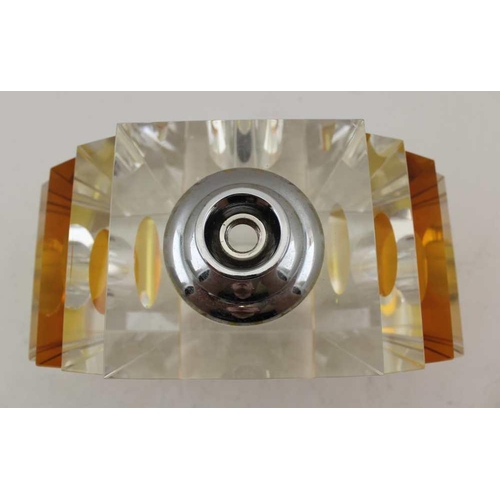 132 - AN ART DECO DESIGN SCENT BOTTLE, the body and stopper of fan form in clear and amber glass, 22cm hig... 