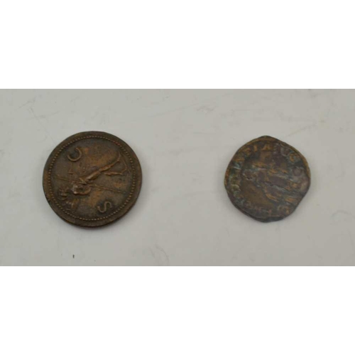 141 - TWO COINS, one believed to be a copy of a Vitellius Sestertius with the laureate head of Vitellius, ... 