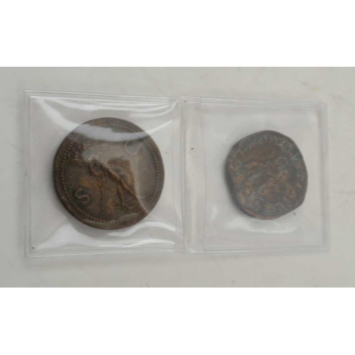 141 - TWO COINS, one believed to be a copy of a Vitellius Sestertius with the laureate head of Vitellius, ... 