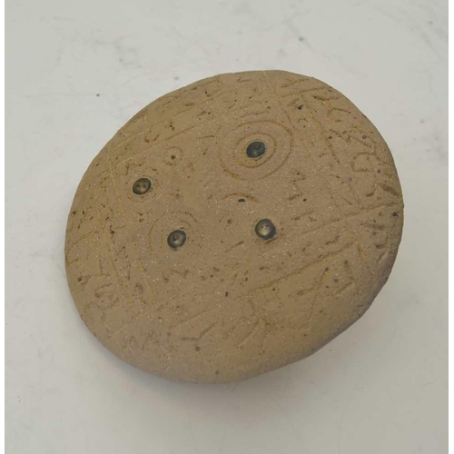 147 - A INCISED STONE DIVINATION DISC, with central bronze handle and bronze studs to both sides, possibly... 