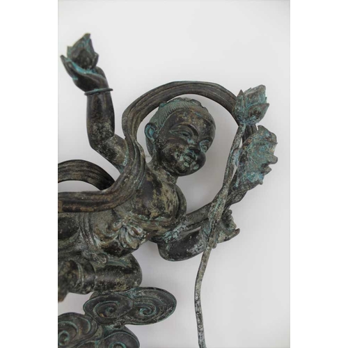 152 - A CHINESE BRONZE CHILD BUDDHA, holding a lotus flower and bud, riding stylised clouds, c.1800, 24cm ... 