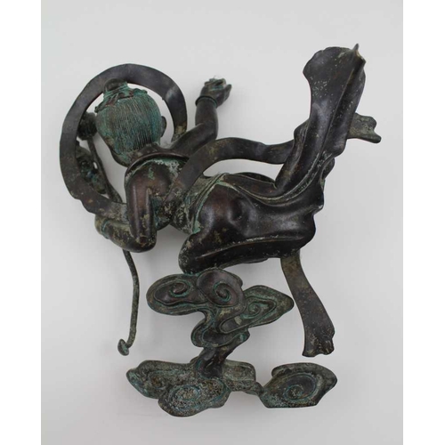 152 - A CHINESE BRONZE CHILD BUDDHA, holding a lotus flower and bud, riding stylised clouds, c.1800, 24cm ... 