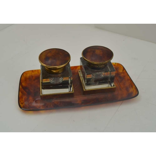 157 - A FAUX TORTOISESHELL INKSTAND with a pair of wells, the tray 18cm x 9.5cm, together with two tortois... 