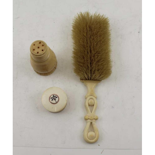 164 - A 19TH CENTURY IVORY SHAKER, Japanese screw top box, circa 1880 and a 19th century carved brush (3) ... 