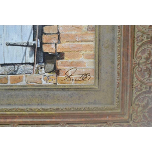 211 - *** SCOTT A 20th Century 'realism' study of an outbuilding door, 30 x 20cm. Oil on canvas, signed in... 