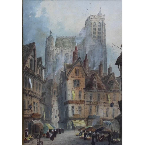 213 - PAUL BRADDON (1864-1938) 'Abbeville Cathedral', market in the foreground, Watercolour painting, sign... 