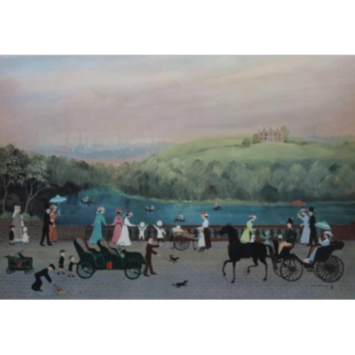 214 - AFTER HELEN BRADLEY MBE (1900-1979) 'Along the river at Salford', colour print at the lower right ma... 