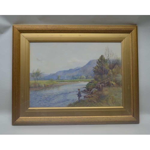 225 - ROBERT J M BUCHANAN River landscape with fisherman, watercolour, monogrammed, 47.5cm x 66.5cm, mount... 