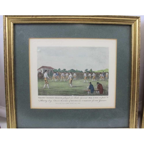 242 - A HAND COLOURED ENGRAVING, 'Grand Cricket Match - played in Lords Ground, between the Earls of Winch... 