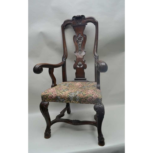 255 - A GEORGIAN DESIGN OPEN ARM CARVER CHAIR, scroll back, with pierced splat, scroll terminal arms on ca... 