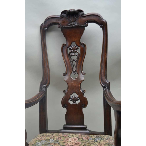 255 - A GEORGIAN DESIGN OPEN ARM CARVER CHAIR, scroll back, with pierced splat, scroll terminal arms on ca... 