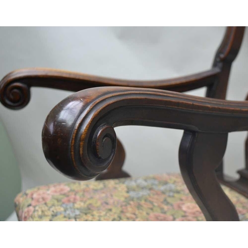 255 - A GEORGIAN DESIGN OPEN ARM CARVER CHAIR, scroll back, with pierced splat, scroll terminal arms on ca... 