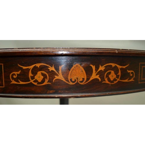 270 - A LATE 19TH CENTURY ROSEWOOD TWO TIER CORNER TABLE, the frieze with Art Nouveau marquetry inlay, 72c... 