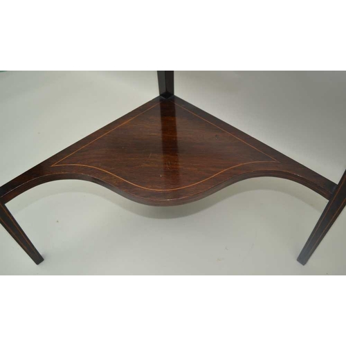 270 - A LATE 19TH CENTURY ROSEWOOD TWO TIER CORNER TABLE, the frieze with Art Nouveau marquetry inlay, 72c... 