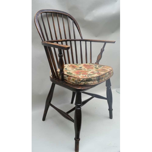 271 - A 19TH CENTURY ASH & ELM COMB BACK OPEN ARMCHAIR on ring turned supports with 'H' shaped stretcher ... 