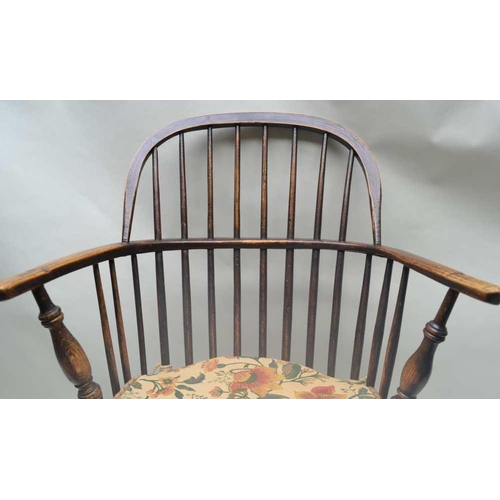 271 - A 19TH CENTURY ASH & ELM COMB BACK OPEN ARMCHAIR on ring turned supports with 'H' shaped stretcher ... 