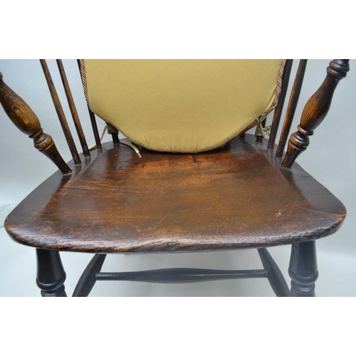 271 - A 19TH CENTURY ASH & ELM COMB BACK OPEN ARMCHAIR on ring turned supports with 'H' shaped stretcher ... 