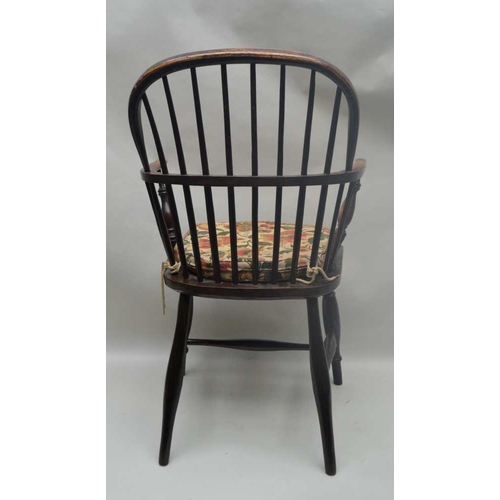 271 - A 19TH CENTURY ASH & ELM COMB BACK OPEN ARMCHAIR on ring turned supports with 'H' shaped stretcher ... 