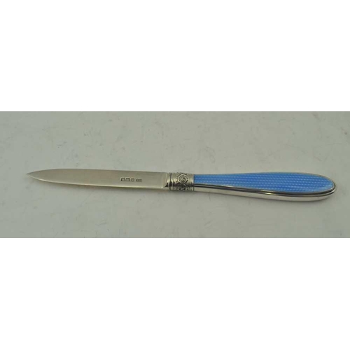 28 - HARRISON BROTHERS & HOWSON A SILVER LETTER OPENER, the handle inset blue guilloche enamel panel, She... 