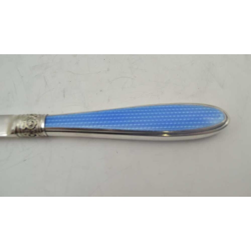 28 - HARRISON BROTHERS & HOWSON A SILVER LETTER OPENER, the handle inset blue guilloche enamel panel, She... 